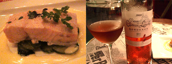 ポーチドサーモンと蒸しキュウリ、ソースムスリン