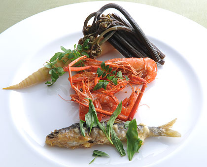 姫竹と蕨 四万十川の川海老 岐阜の稚鮎